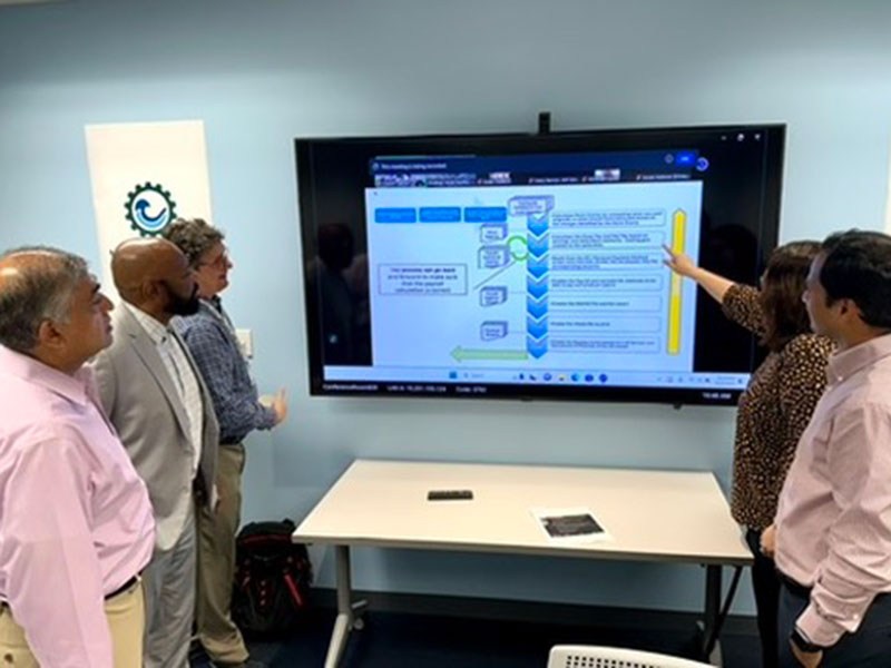 Five people in a meeting, one pointing at a technical diagram on a large screen.